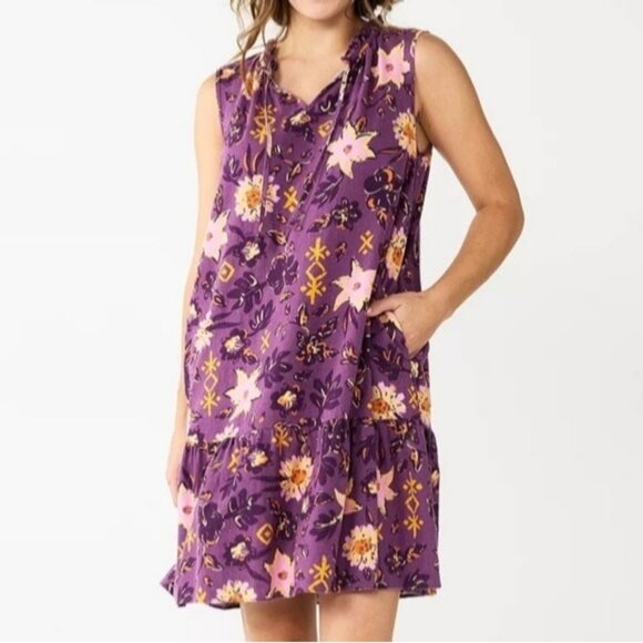 Sonoma Purple Floral Linen Blend Tiered Dress w/Pockets Size 2X 18 20 Plus New - Picture 2 of 9